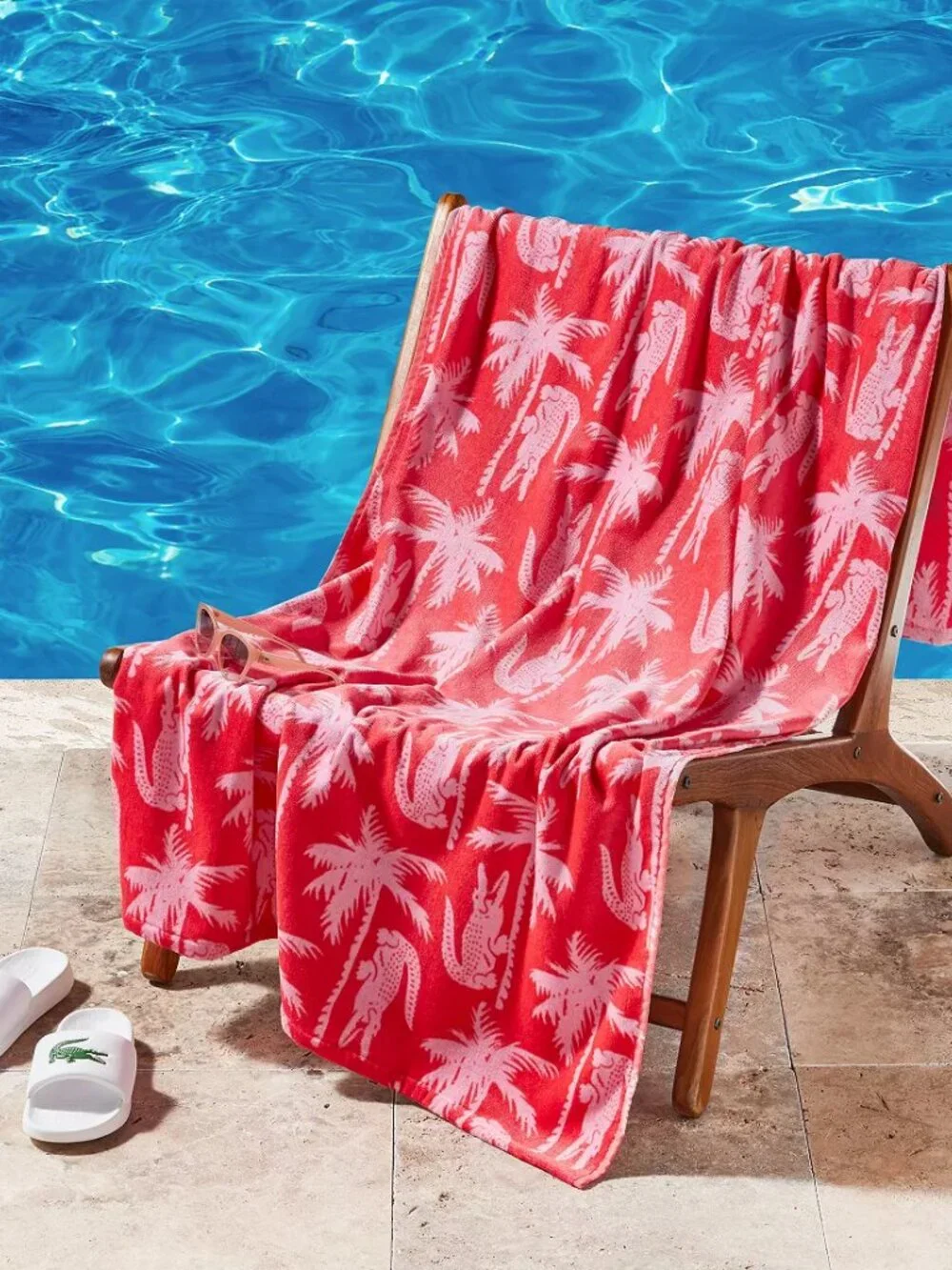NWT 2 Lacoste Crocodile Print Shirting Cotton Beach Towels coral pink
